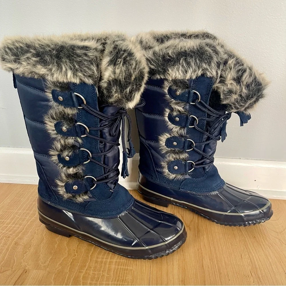 Khombu Bryce Blue Lace Up Faux Fur Waterproof Duck Snow Boots Winter Knee Shoes